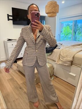 Brown and Cream Checked Two-Piece Suit Blazer & Trousers